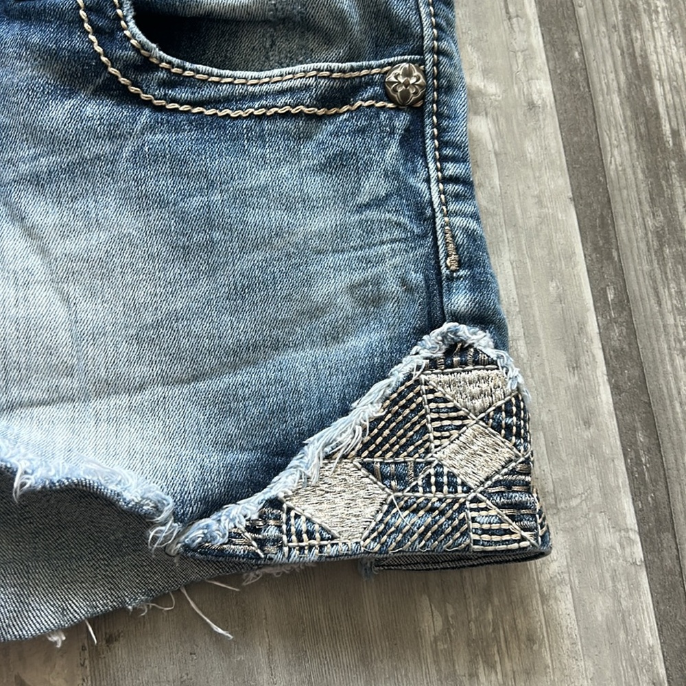 Miss Me Blue Denim Distressed Shorts with Snake Print Trim - Picture 10 of 13